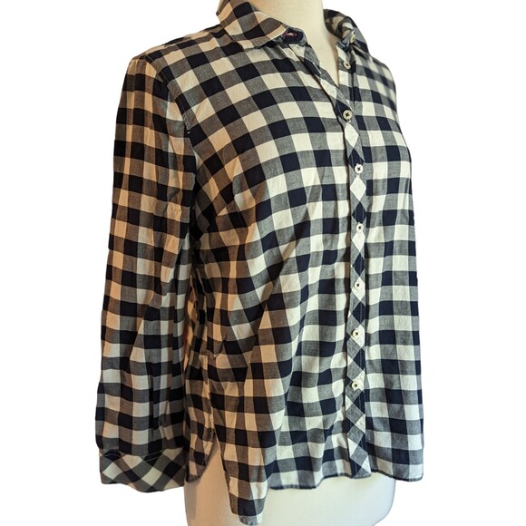 Talbots Women's Navy & White Gingham Plaid Button-Up Collared Shirt Size Large P - Picture 1 of 9